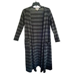 LulaRoe SARAH Long Knit Cardigan Duster Sweater Black Gray Stripes Size SMALL